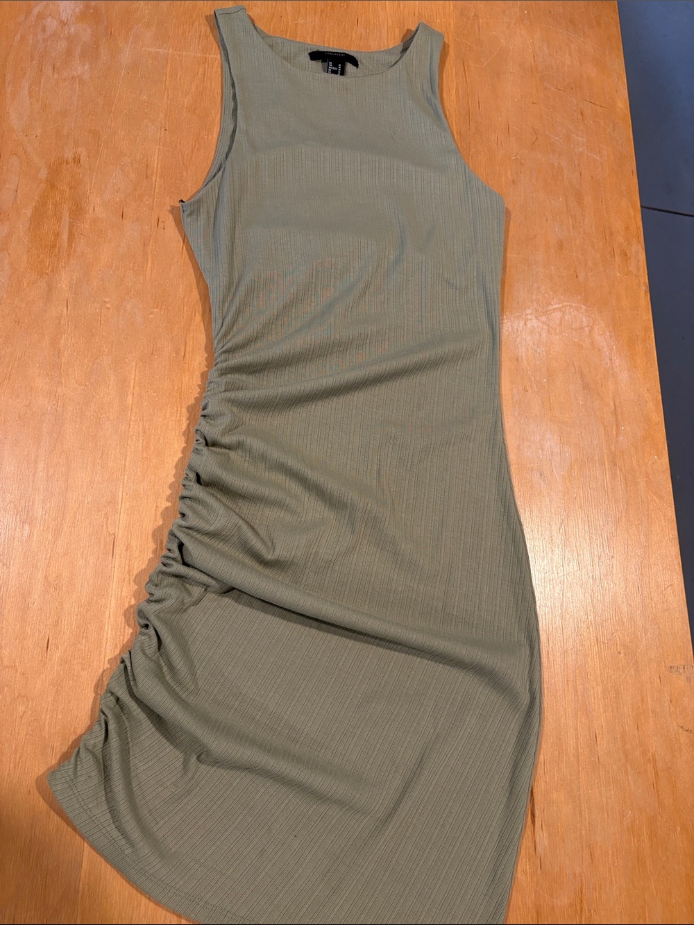 Forever 21 ~ Olive Green Ribbed Midi Dress Tank Dress Side Ruching